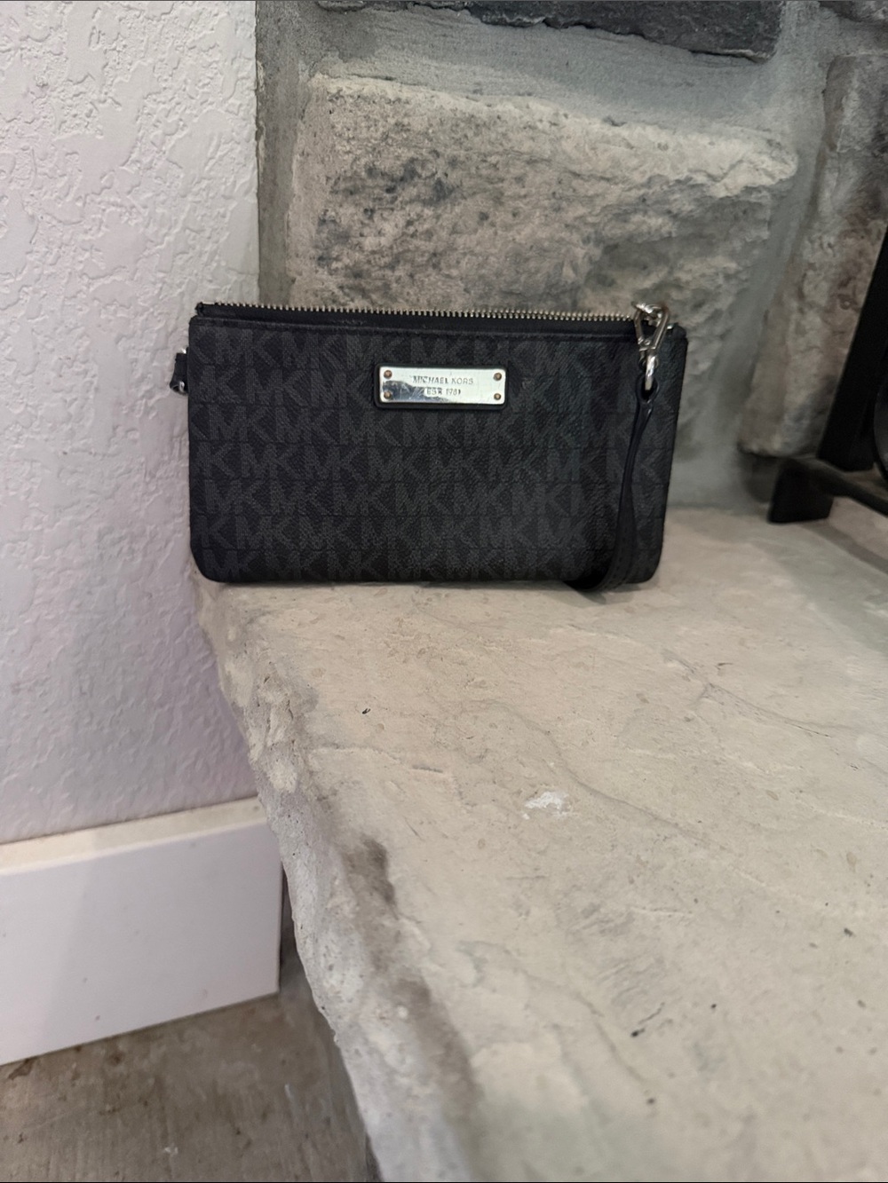 Michael Kors Black MK Signature Zip Wristlet with Silver Plate